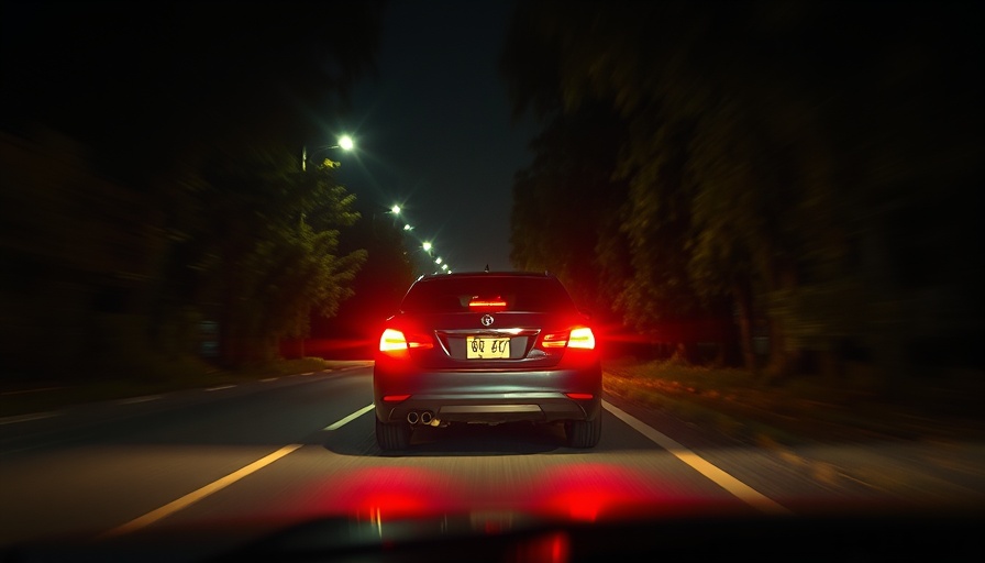 Car with red tail lights stopped at night, symbolizing urgency and tension.