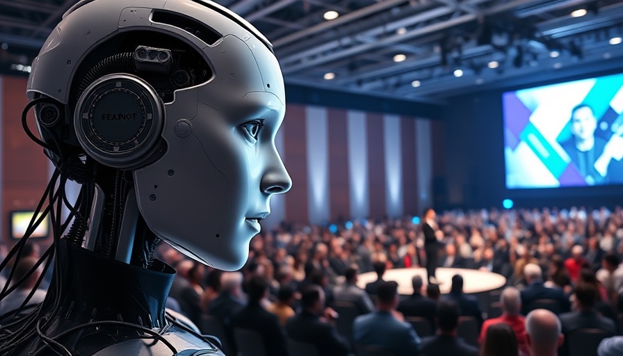 AI in Creative Design: Futuristic humanoid AI on presentation stage.