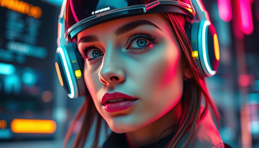 Futuristic Sci-Fi woman with neon headset in digital setting.