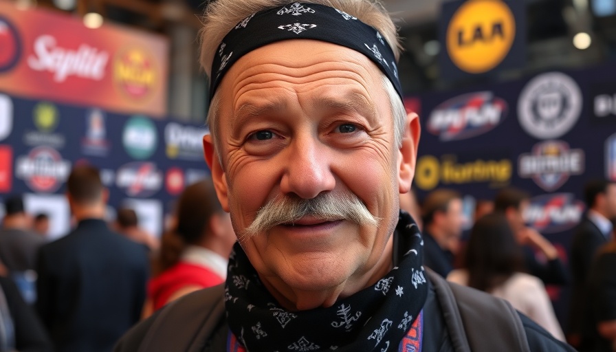 Older man with a mustache at event backdrop featuring logos, related to Hulk Hogan.