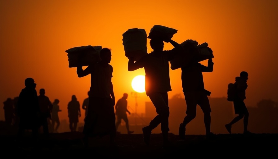 Silhouetted figures carrying supplies in Gaza humanitarian crisis.