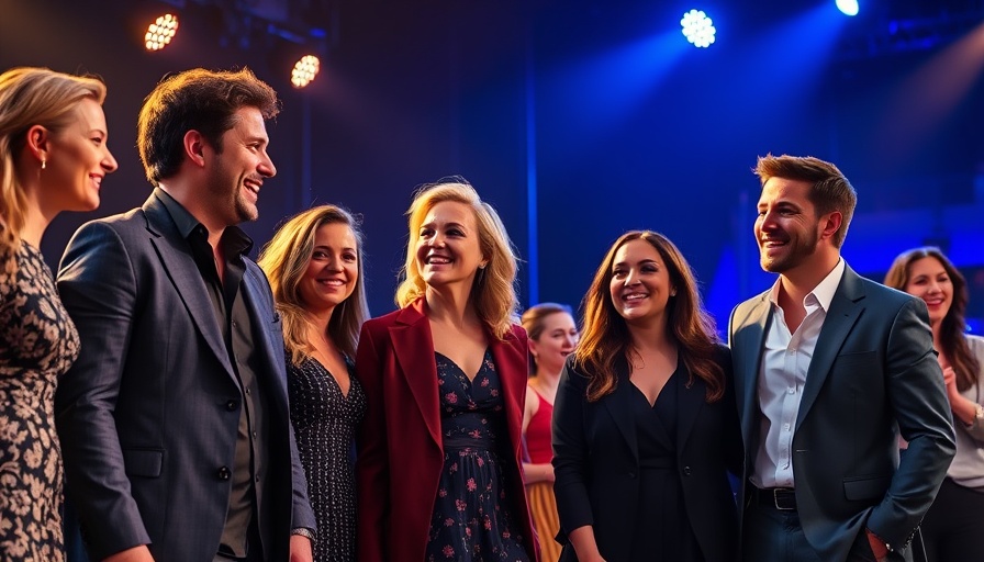 Dynamic performers on stage with candid moment, spotlight.