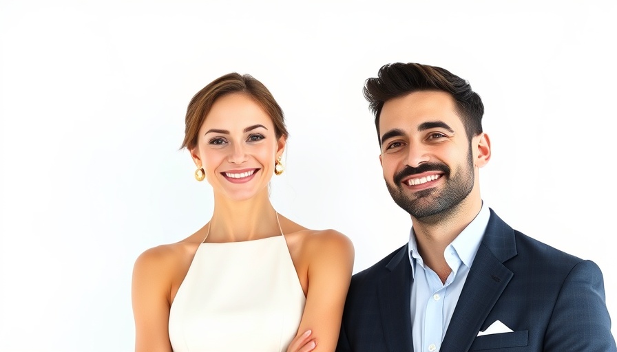 Two people smiling in a photorealistic photoshoot with a white backdrop.
