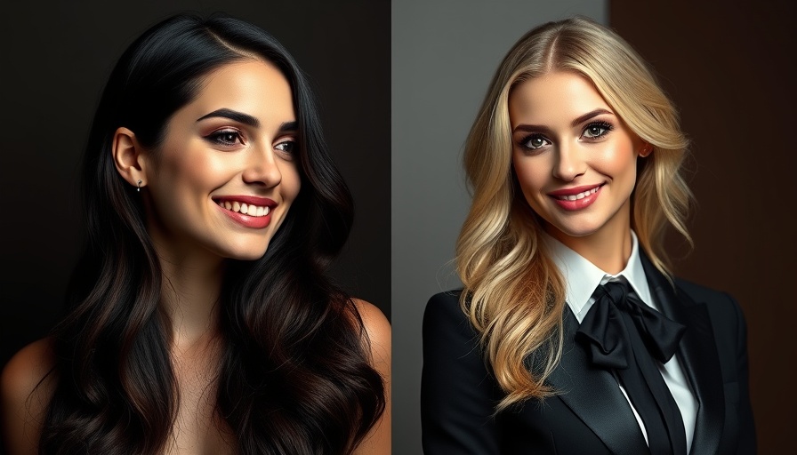 Women with dark and blonde hair in formal attire, contrasting backgrounds.