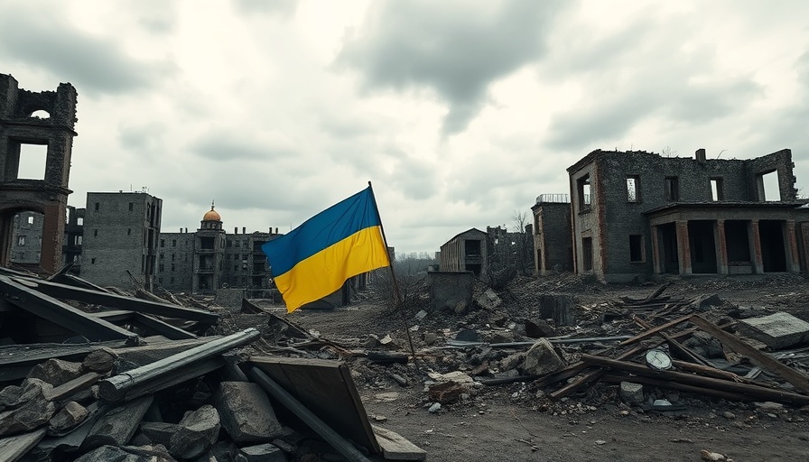 Learning lessons from history with Ukraine; symbolic flag over ruins.