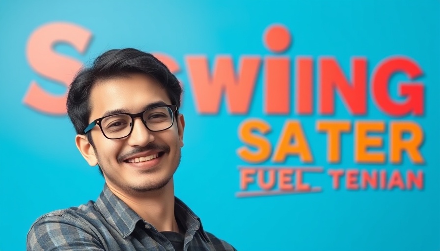 Person smiling against a blue backdrop with bold text.