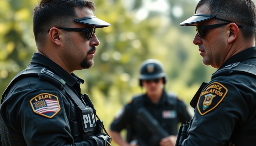 Police officers discussing outside during Michigan government updates.