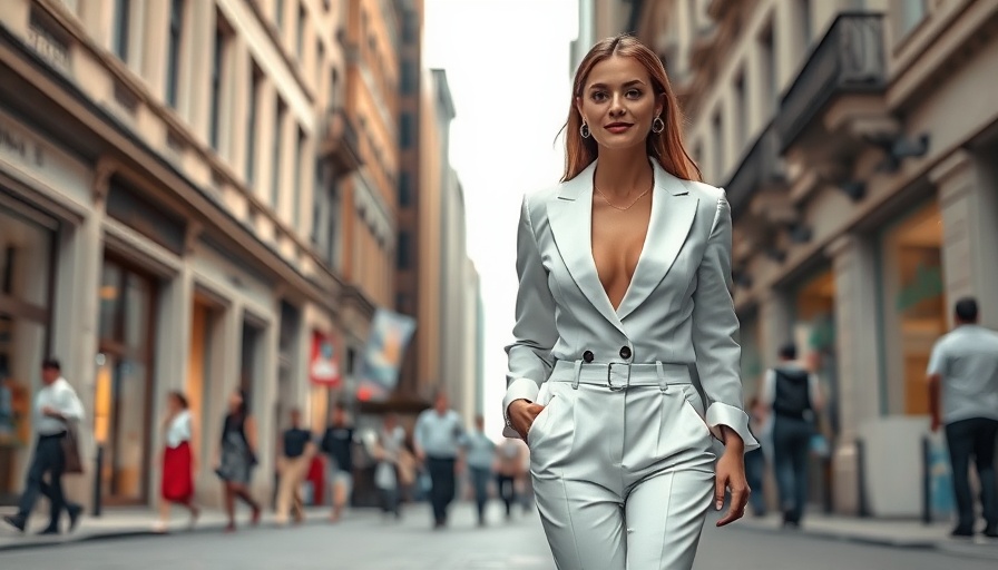 Elegant woman in white outfit walking confidently, urban setting