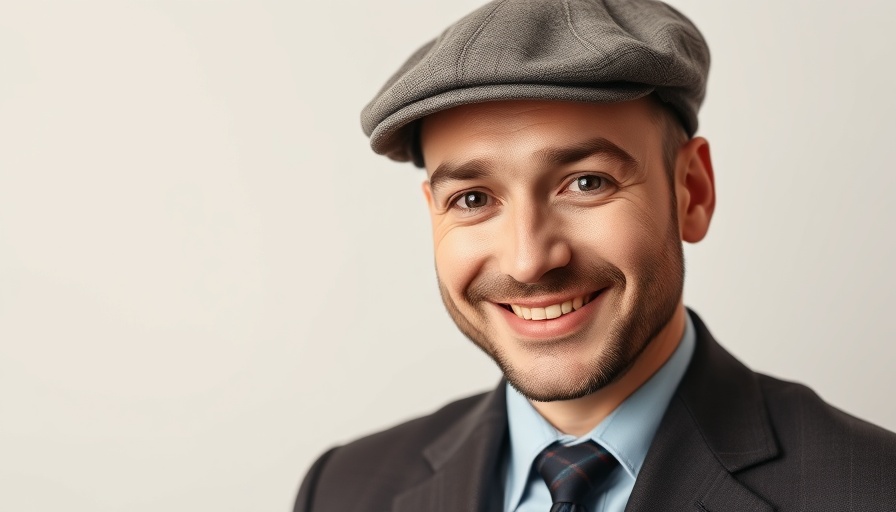 Confident man in a suit and cap, smiling, photorealistic portrait.