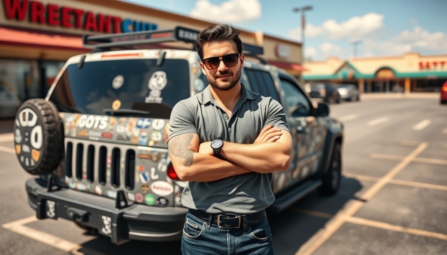 Michigan breaking news: Man posing confidently with patterned SUV in lot.