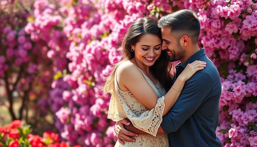 Couple embracing in a garden; engagement announcement theme.