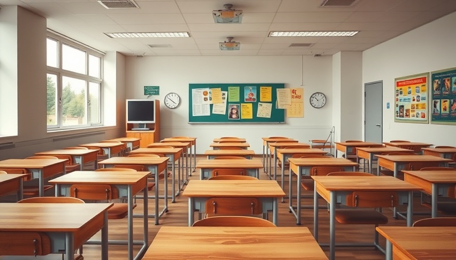 Michigan education funding: empty classroom, desks and colorful decor.