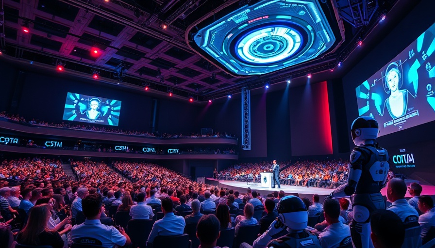 Futuristic AI conference in Michigan featuring technology showcases.