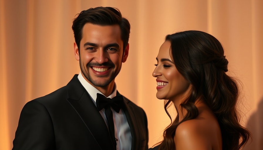 Elegant couple at a formal event, smiling warmly.
