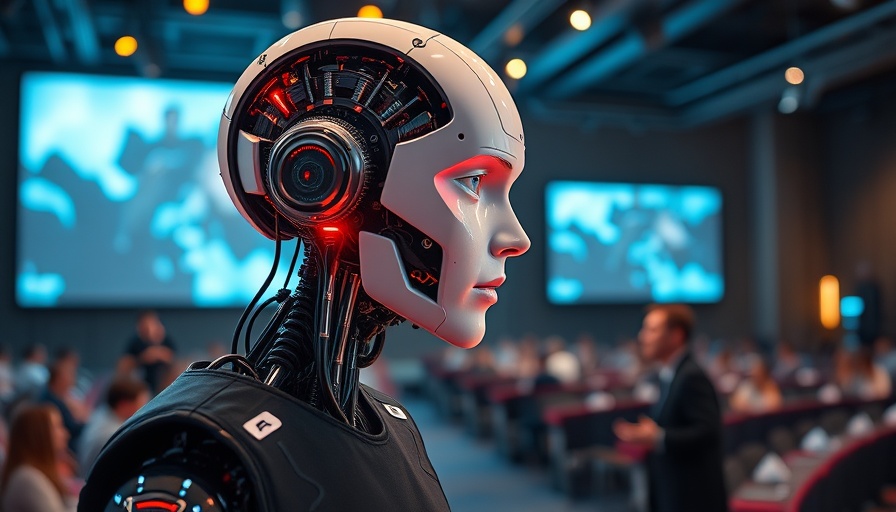 Futuristic AI head with stage presenter at tech event.