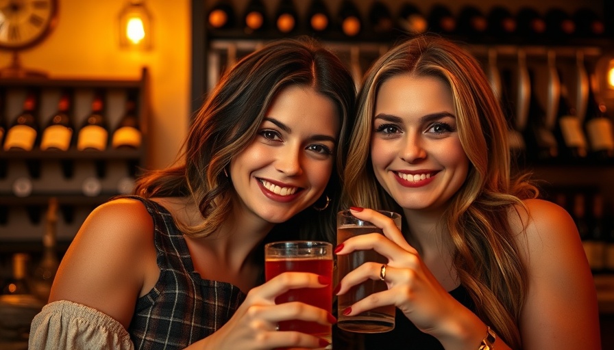 Two women posing with drinks, warm environment, wine rack background.