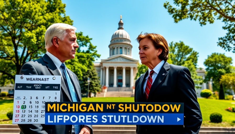 News discussing Michigan budget crisis with Capitol backdrop.