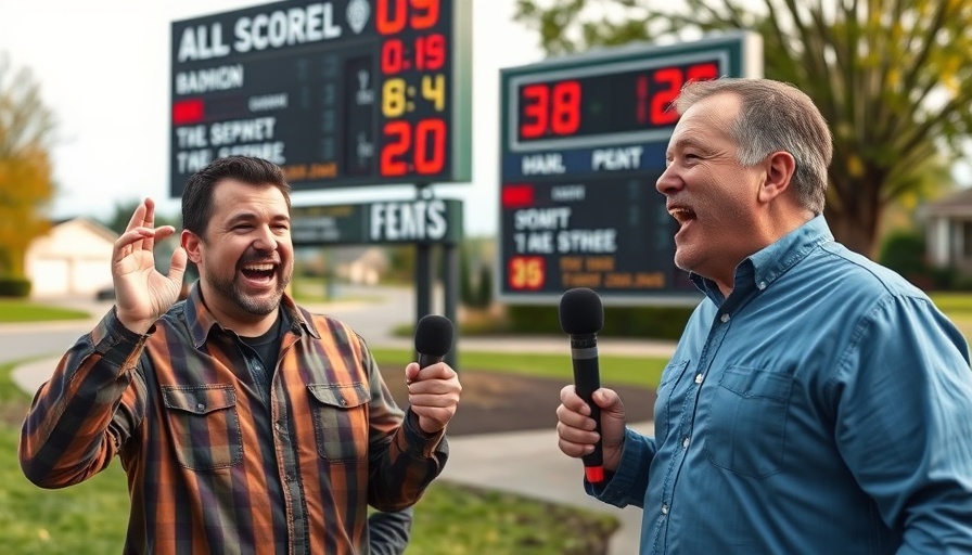 Detroit local news segment with two men near a scoreboard.