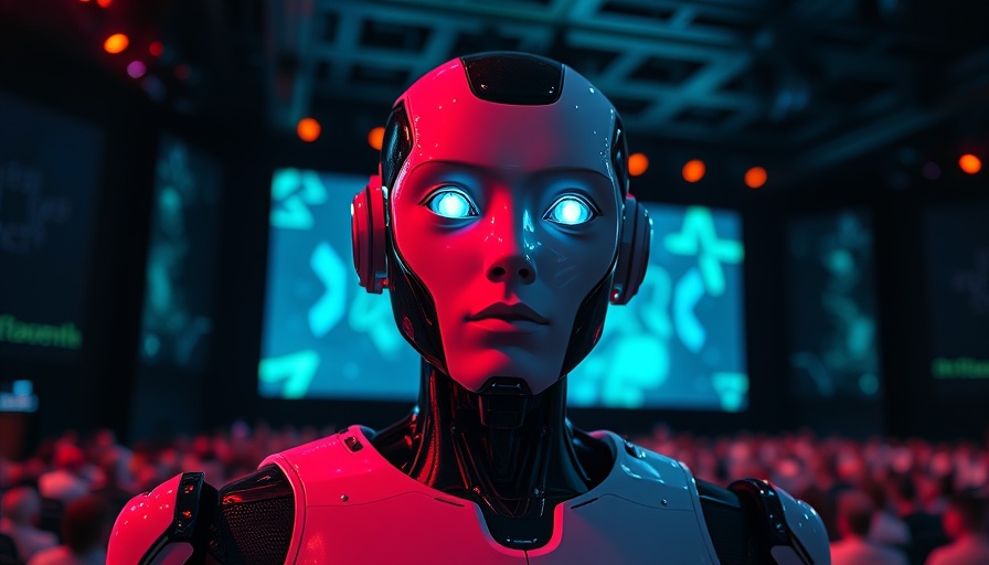 Presentation of AI model at tech event with humanoid robot and speaker.
