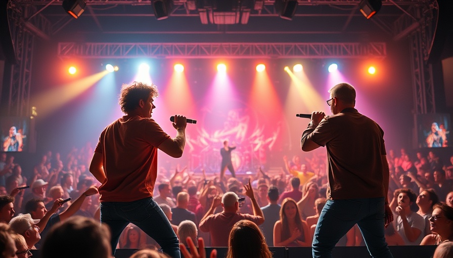 Vibrant concert scene with performers onstage.