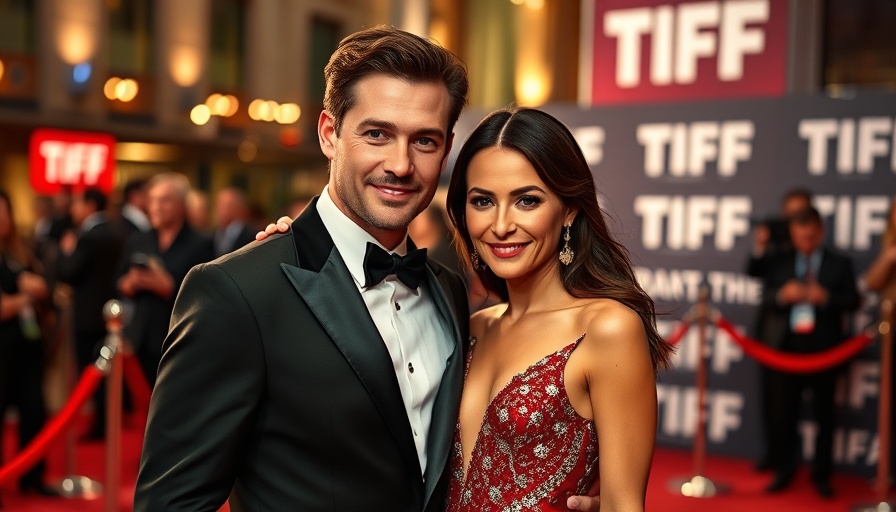 Elegant couple posing on red carpet at art exhibit.