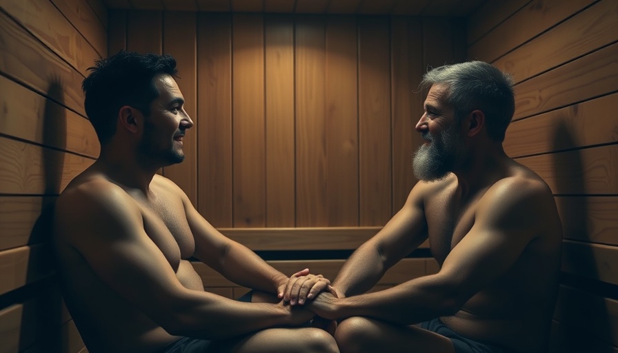 Men conversing in sauna with wooden backdrop.