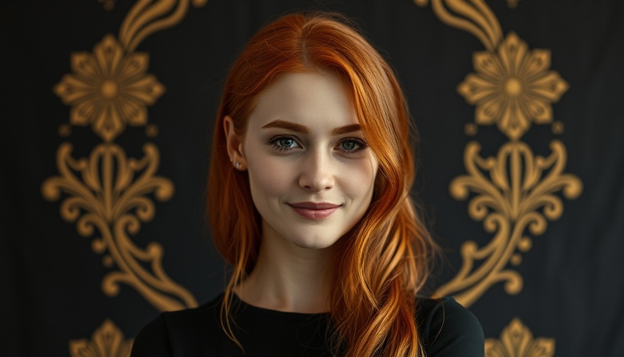 Red-haired person posing against geometric background.