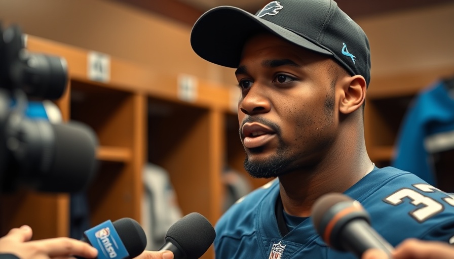 Detroit local news: Football player in locker room with Detroit Lions helmet.