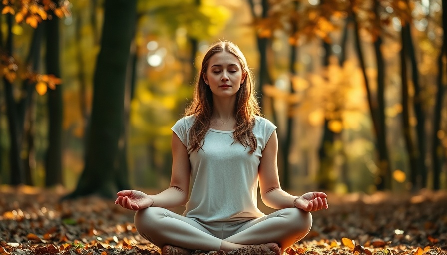 Tranquil woman meditating in forest, calming anxiety naturally.