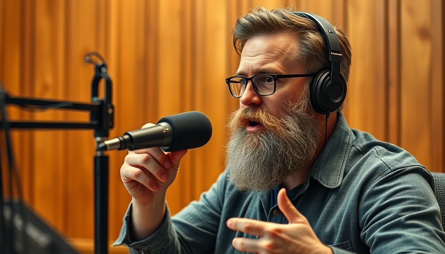Engaged man in podcast studio with microphone discussing diet soda and weight loss.
