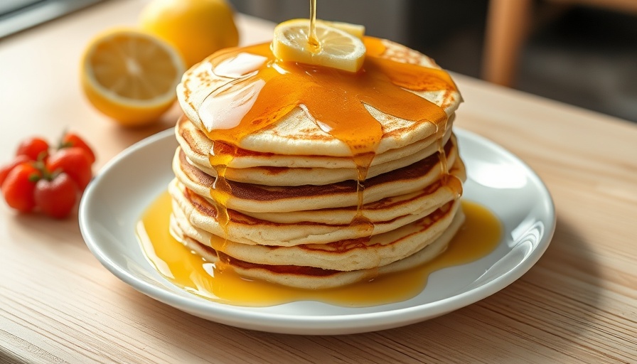 Stack of lemon ricotta protein pancakes with syrup and lemon garnish.
