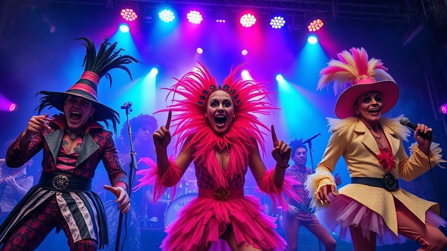 Surreal performers in vibrant costumes showcasing live music in Kansas City.