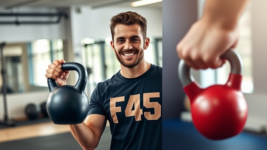 Active young man in F45 gear showcases wearable fitness technology in a vibrant gym.