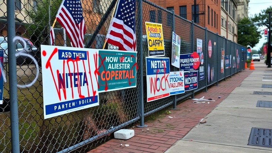 Vandalized GOP campaign signs on chain-link fence, highlighting immigration issues and Long Island protests.