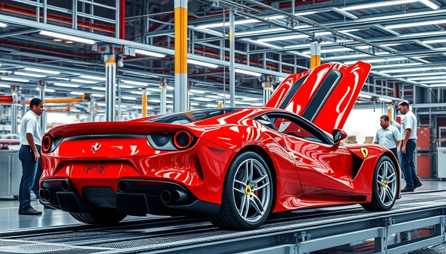 Red Ferrari on assembly line in factory, showcasing manufacturing.