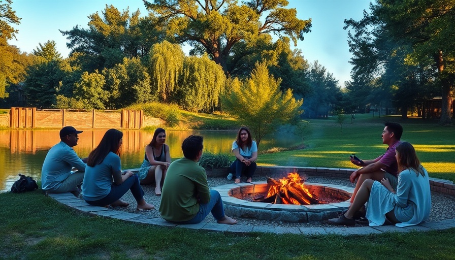 People at a Kansas City event by a pond during sunset.