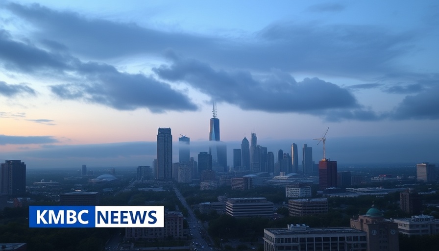 Kansas City neighborhoods skyline with KMBC News overlay at dusk.