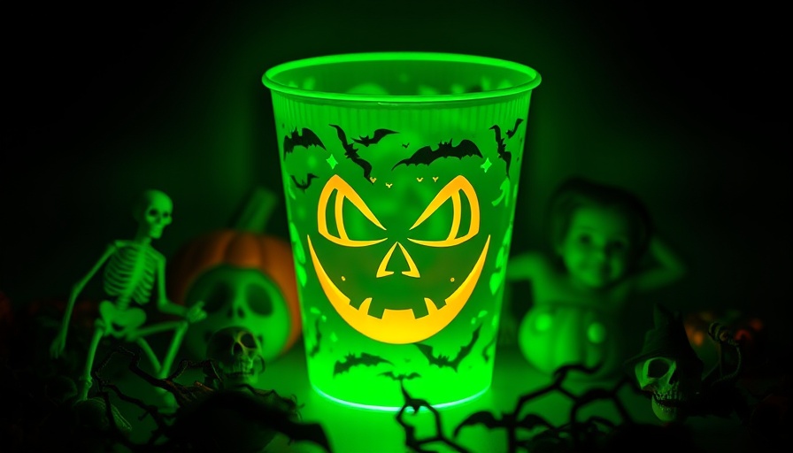 Glow-in-the-dark Halloween cups with spooky designs illuminating.