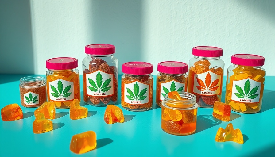 Missouri cannabis industry colorful gummy jars on turquoise table.