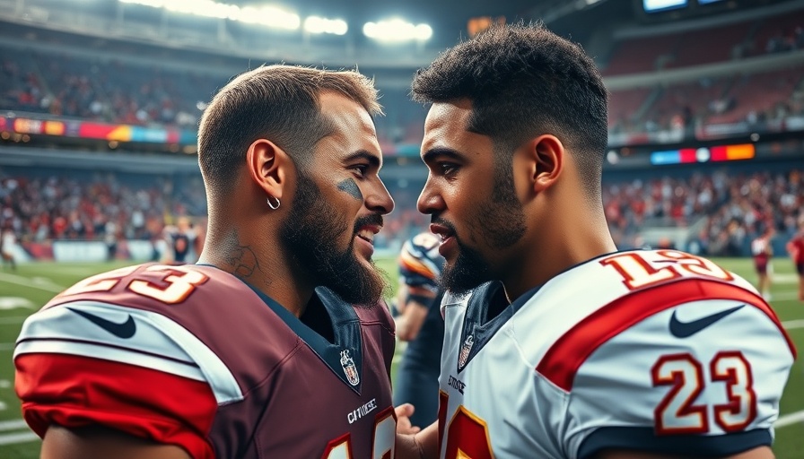 Football players conversing after game, stadium background.