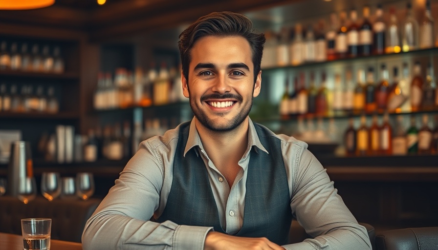 Man smiling at stylish Kansas City bar, restaurants in Kansas City.