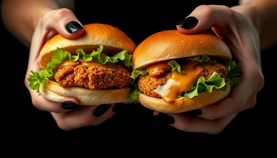 Buy-one-get-one free Chicken Shack sandwich offer, two sandwiches held in hands.