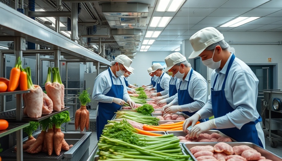 Factory workers process food, depicting ultra processed foods.