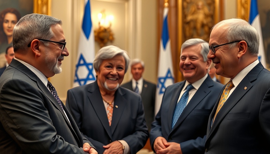 Prominent figures at a news conference with Israeli flag backdrop.