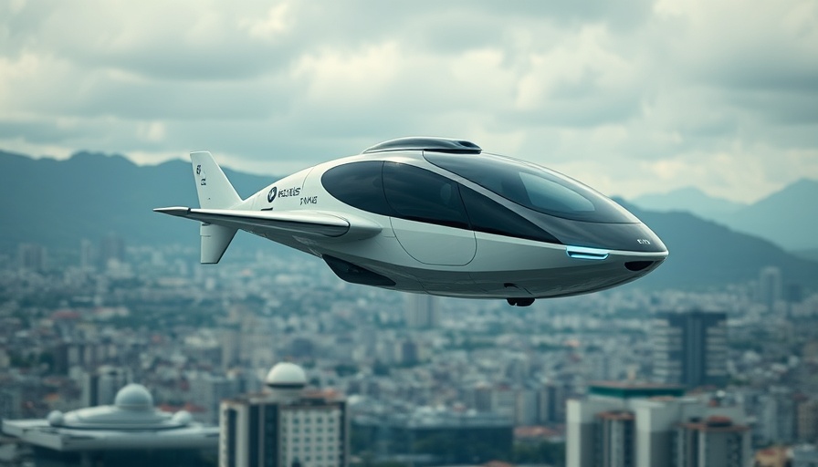 Futuristic driverless flying taxi hovering above city and mountains.