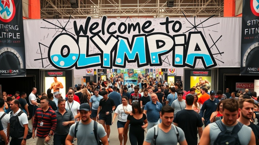 Olympia Fitness Event entrance with a lively crowd.