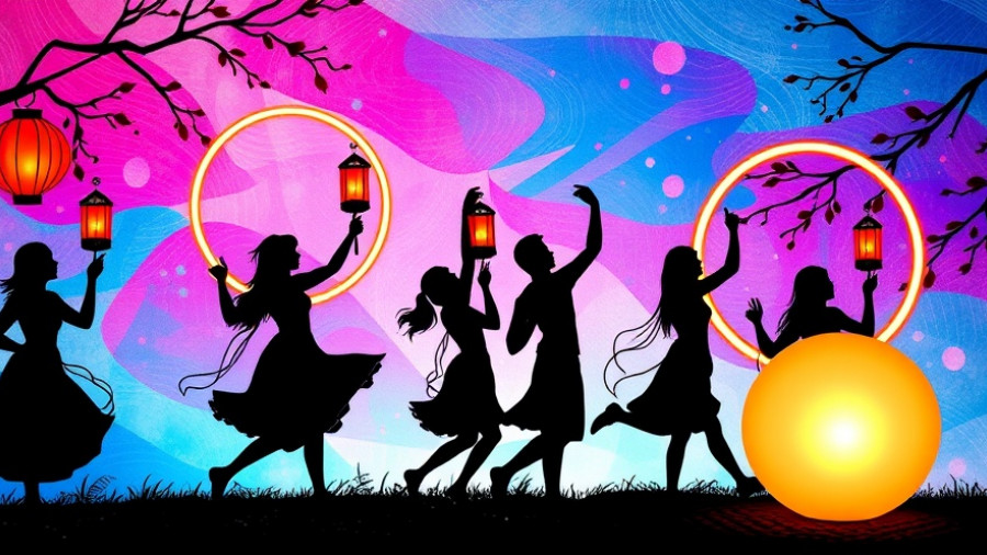 Silhouetted figures holding lanterns in abstract tapestry by Kansas City local artists