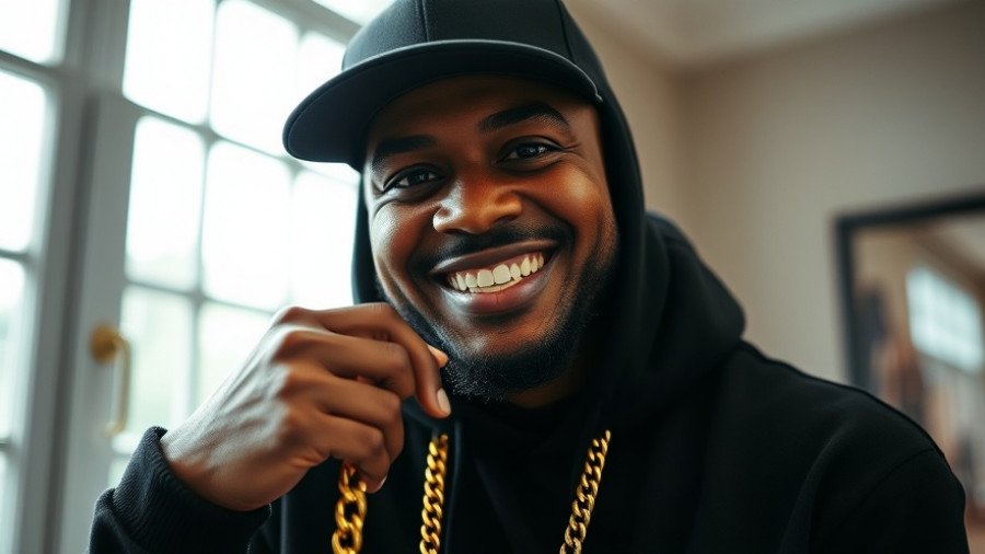 Smiling man holding chain with serious portrait, TikTok comedian.