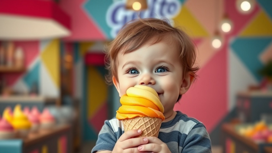 Adorable baby with gelato, colorful geometric background.