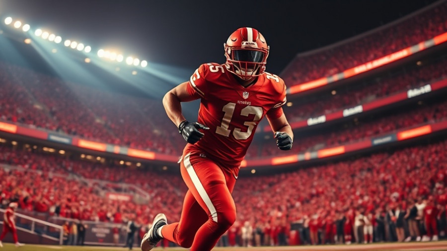 Momentum shifts in sports: Football player running energetically in vibrant stadium.